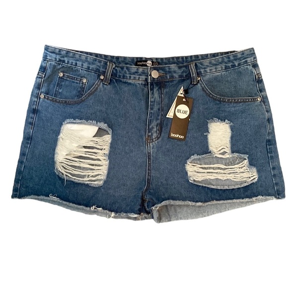 BOOHOO Blue Ripped High Waist Denim Shorts Plus Size 16 NWT - Picture 1 of 11